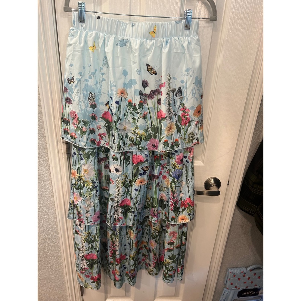 Unbranded Tiered Maxi Skirt Blue Floral Butterfly Print Boho Cottagecore Skirt‎